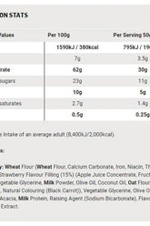Nutritional information for Science in Sport Go Energy Bake, Strawberry flavor, 100g and 50g serving details.